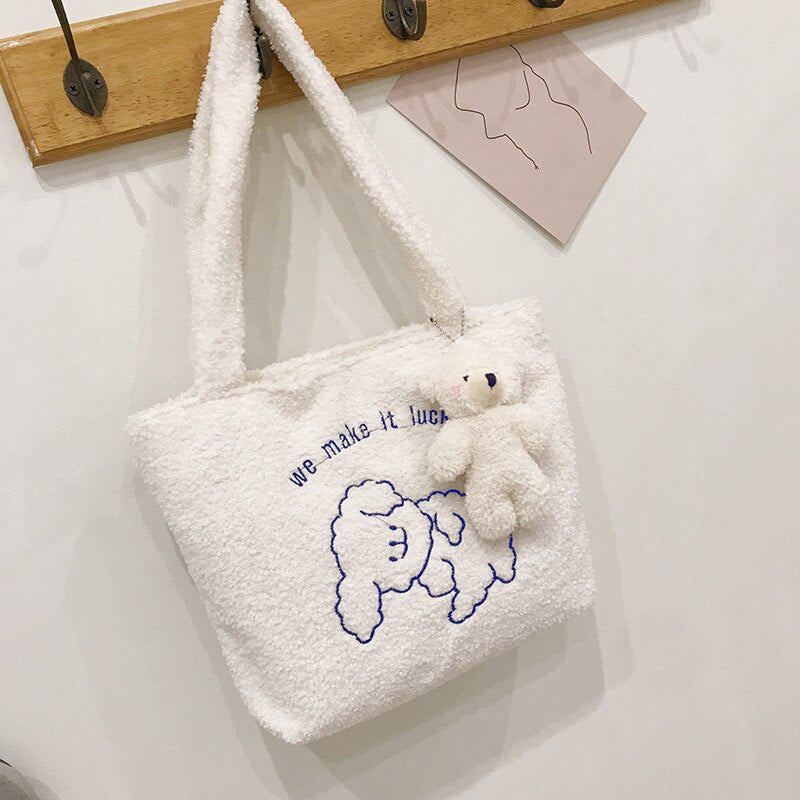 swvws  Women's Bag New Plush Tote Bag For Women  Cartoon Embroidery Handbag Women Shoulder Bag Shopper Bag Winter Bags Bolsa Mujer