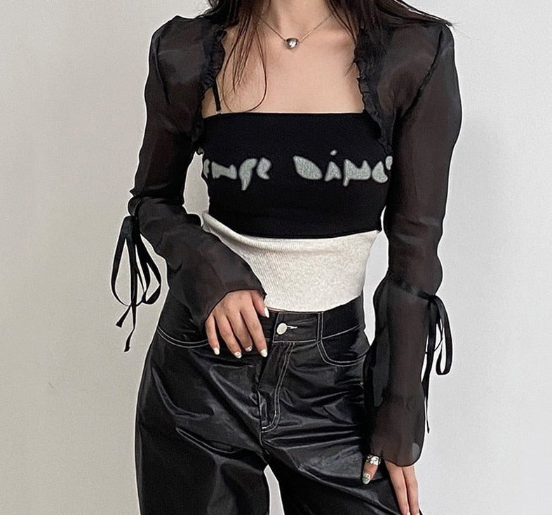 swvws Gothic Cloak Womne Long Sleeve Crop Top Bow Design Black Cape + Patchwork Tank Top Two Piece Set Korean Style Sexy Tops