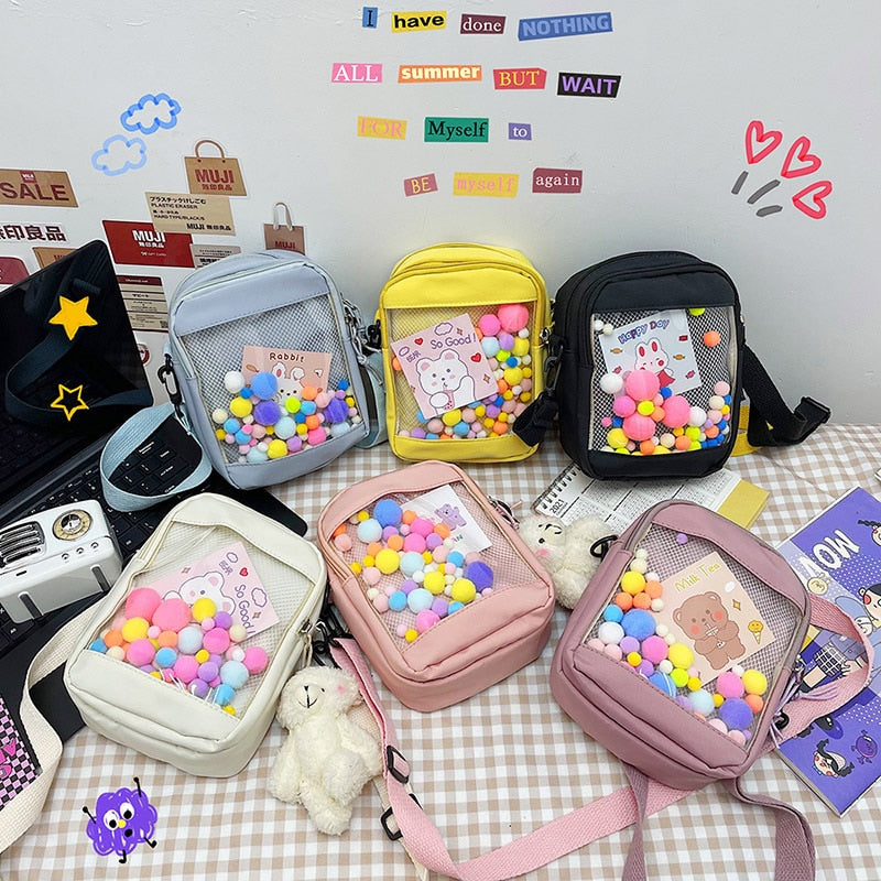 swvws Japanese Style Kawaii Bag Women itabag Transparent Pocket Colorful Hairballs Crossbody Bags Women Shoulder Bag With Card Bolsos