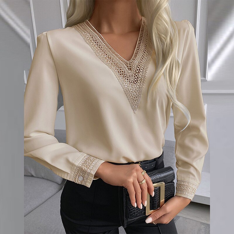 swvws Autumn Lace Crochet Satin Silk Chiffon Shirt Women Long Sleeve Woman Blouses Tops V Neck Solid Embroidery Shirts Blusas 15777