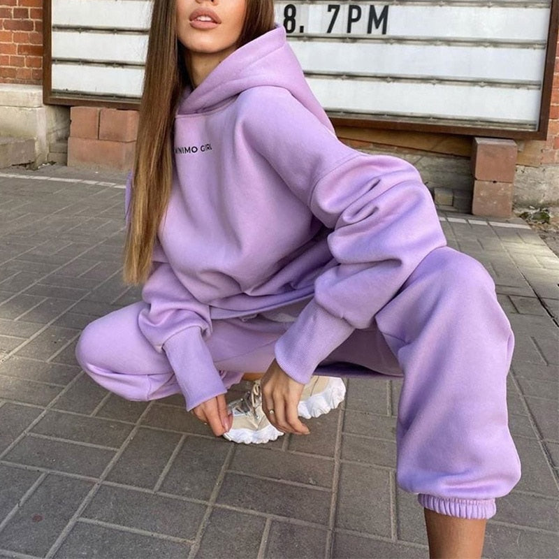 swvws Back To School Women's Fleece Tracksuit Hoodies Two Piece Sets Long Sleeve Hooded Joggers Pants Suit Female Casual Sportswear Set