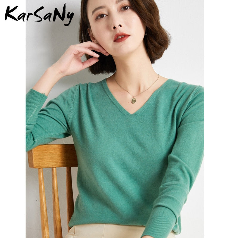 Back To School V Neck Sweater Pullover Winter Women  Solid Pulls Slim Knitted Top Basic Women's Sweaters Autumn Women Cashmere Jumper Woman