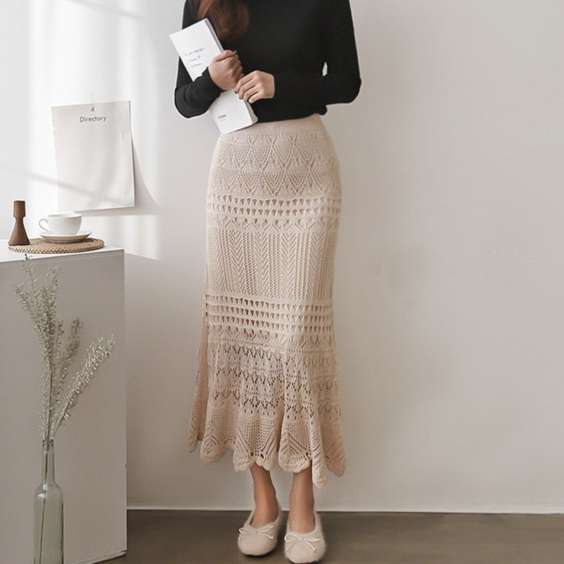 swvws   Korean  New Women Knitting Long Skirts High Waist Flower Hollow Knitted Female Classic Loose Large Long Skirt