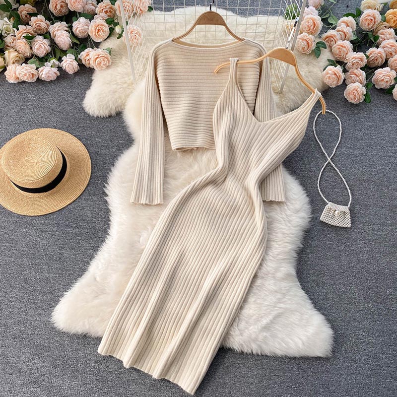 swvws Two-Piece Dress Sets Winter Women Knitted Dress Set Fleece Tracksuits Autumn Sweater And Tank Dress Elegant Outfit