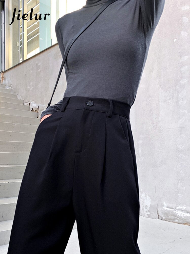 swvws Black Suit Pants Women Spring Office Lady Straight Trousers Solid Color High Waist Pockets Pants Gray Button Zipper Pants