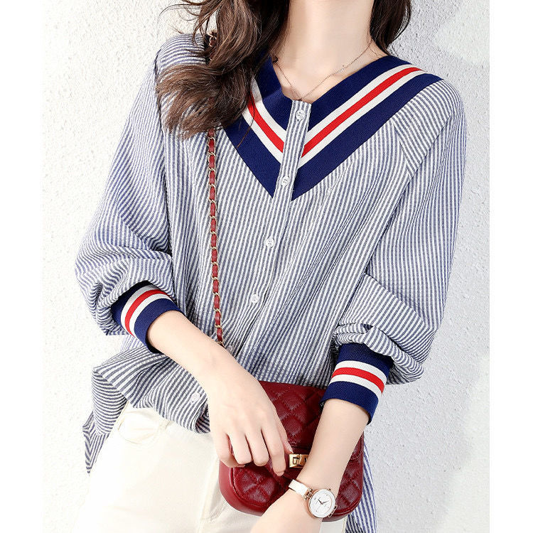 swvws Temperament Stripe Korea Fashion College Loose Thin V-Neck Shirt Women's Long Sleeve Cardigan Casual Coat Ladies Office