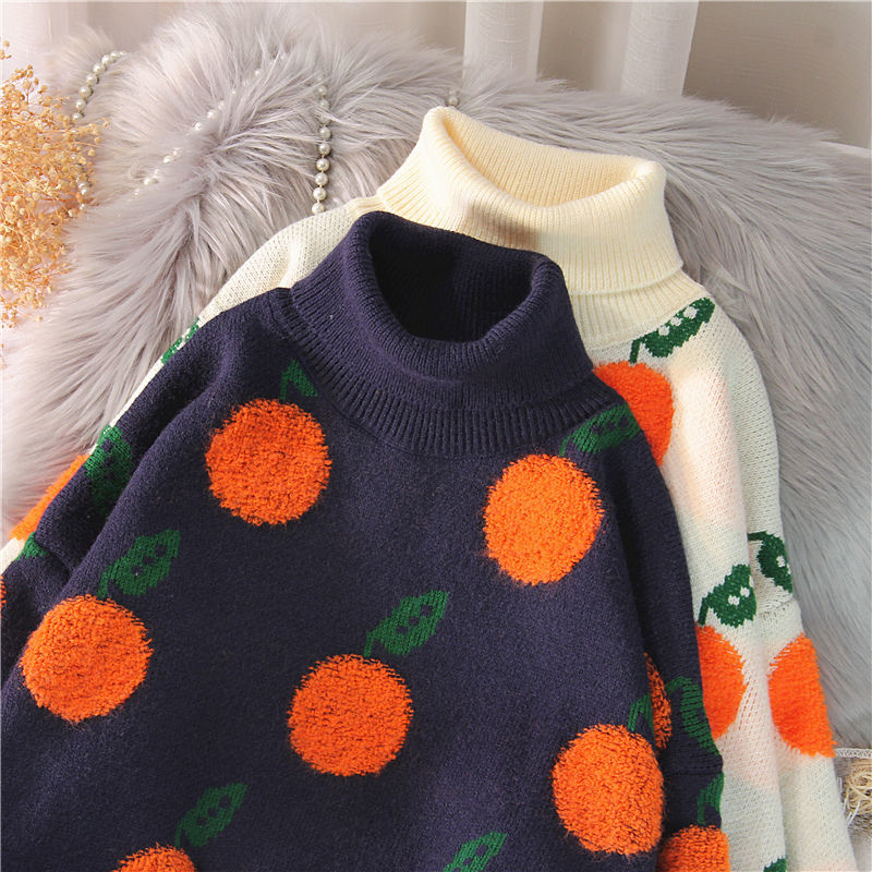 swvws Sweaters Women Printted Pullovers Apple Pattern Long Sleeve Oversize Jumper Turtleneck Knitted Tops Winter Casual Loose Sweater