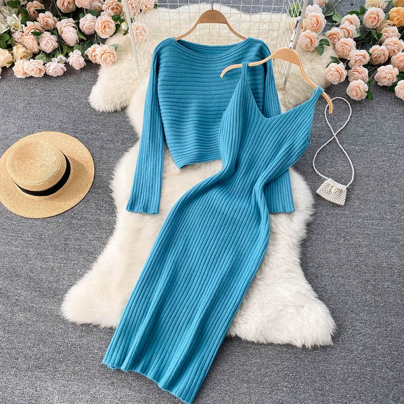 swvws Two-Piece Dress Sets Winter Women Knitted Dress Set Fleece Tracksuits Autumn Sweater And Tank Dress Elegant Outfit