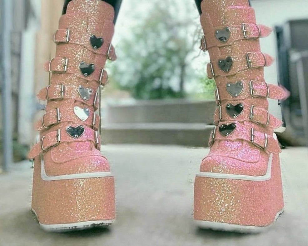 swvws Platform Wedges Combat Women Boots Sequins Sequin Glitter Zipper Punk Cool Motorcycle Ladies Shoes