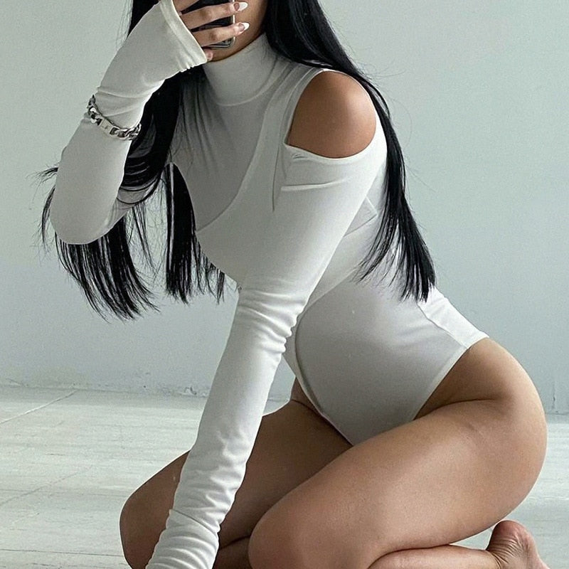 swvws  Cotton Turtleneck White Bodycon Long Sleeve Bodysuit Autumn Cut Out Basic Bandage Short Jumpers Women Fashion ASJU83797