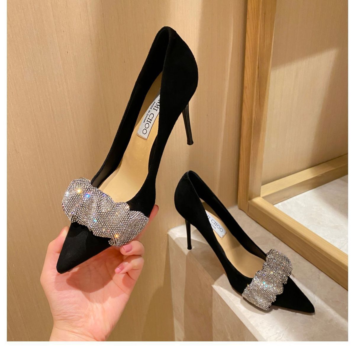 swvws Autumn Shallow Mouth Satin Black Pointed Toe High Heels Pumps Fairy Bowknot Rhinestone Stiletto Temperament Wedding Dress Shoes