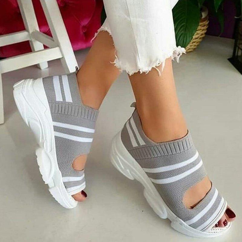 swvws New Women Sandals  High Heels Platform Women Shoes Summer Female Flats Knitting Slip On Peep Toe Casual Women Sandals