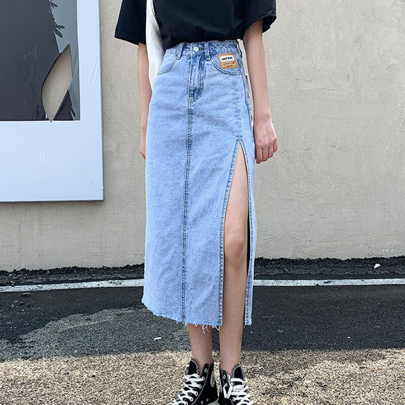 swvws Hem Single Slits Zipper A-Line High Waist Side Slit Denim Casual Long Skirt Female Summer  New Thin Girl Bag Hip Ins Tide