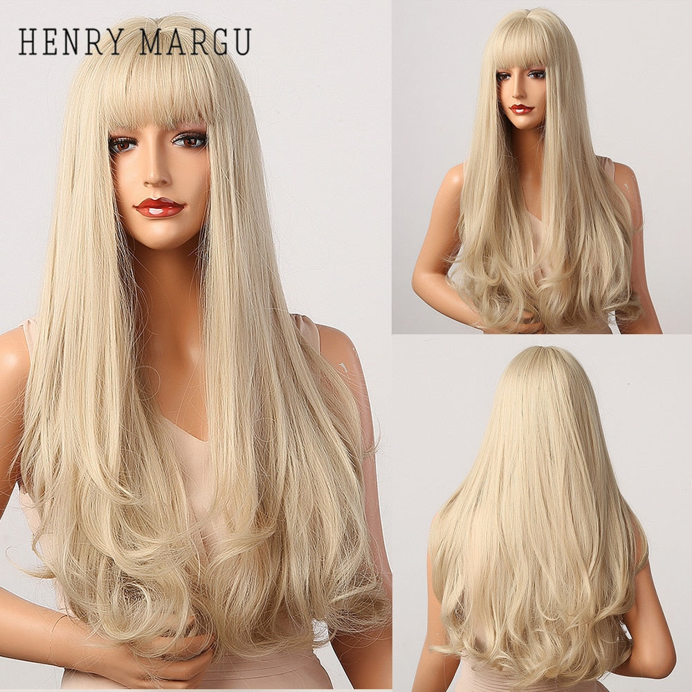 Pure Blonde Synthetic Hair Wigs Long Water Wave Wig for Women Colored Cosplay Lolita Wig with Bangs Heat Resistant