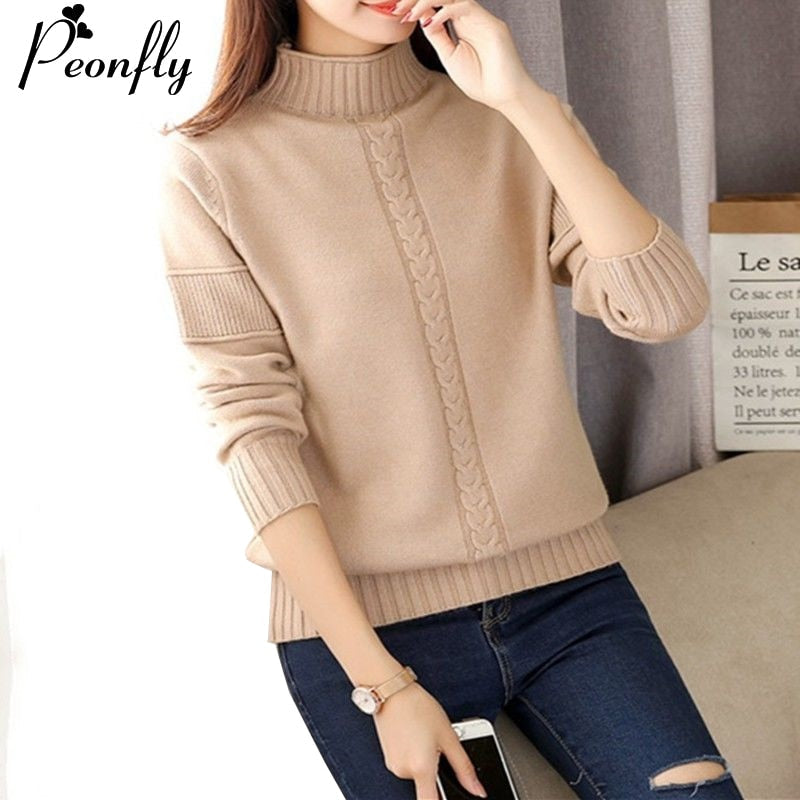 swvws PEONFLY Korean Style Turtleneck Sweater Women Solid Elastic Knitted Soft Pullover Sweater Female Fashion Pullovers Jumper