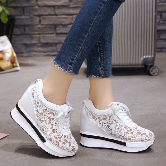 Wenkouban Christmas Gift Hot Sales 2023 Summer New Lace Breathable Sneakers Women Shoes Comfortable Casual Woman Platform Wedge Shoes