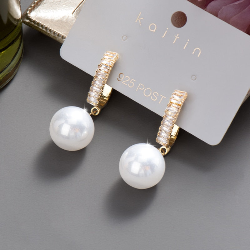 swvws New  Trend Big Pearls Women's Earrings Geometry Crystal Gold Color Dangle Drop Earing for Woman Korean Style Fashion Jewelry