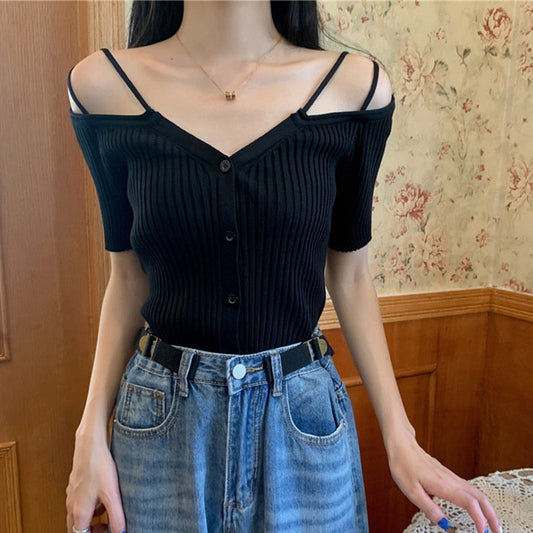 swvws Summer Off Shoulder V Neck Kintted Woman Tshirts Korean Fashion Black Thin Soild Basic Women's T-Shirt Short Tee Shirt Femme Top