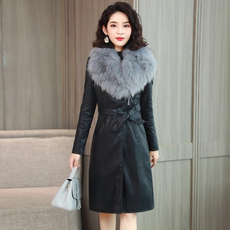 swvws Women's Leather Jacket For Winter  New Plus Velvet Warm Slim Big Fur Collar Long Leather Coat Female Outerwear Winter Coats