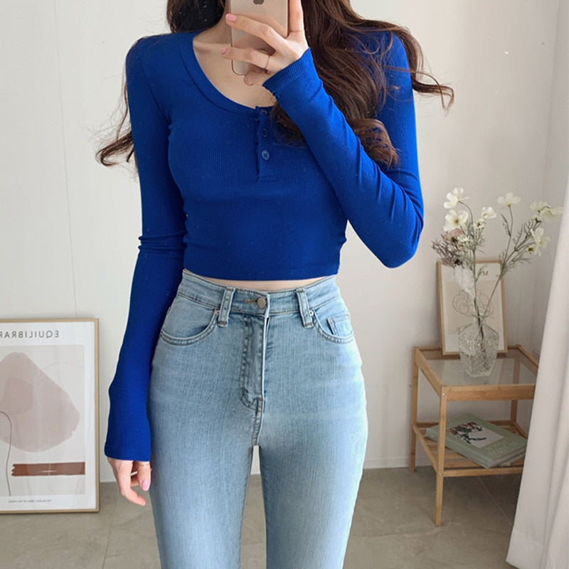 swvws Basic Long Sleeve T-Shirts  Women Casual Slim O Neck Tshirts Short Tshirt Korean Solid Tee Shirt Femme Tops Mujer Camisetas