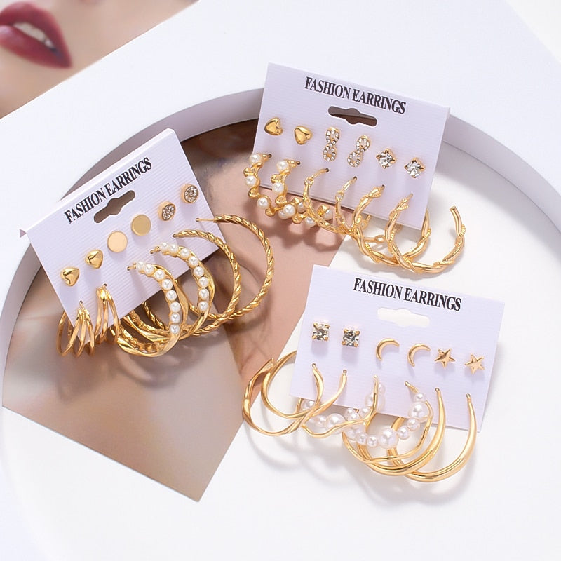 swvws 6Pairs Punk Metal Pearls Big Hoop Earrings for Women Bohomia Gold Color Chain Circle Geometric Drop Earring Fashion Jewelry