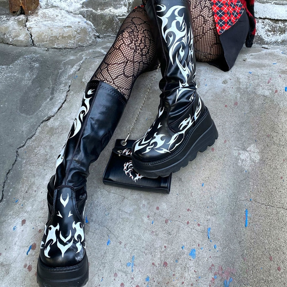 swvws  Band Goth Platform Wedges Punk Chunky Mid Calf Boots Women Thick Heel Autumn Trendy Cosplay Casual Shoes Women