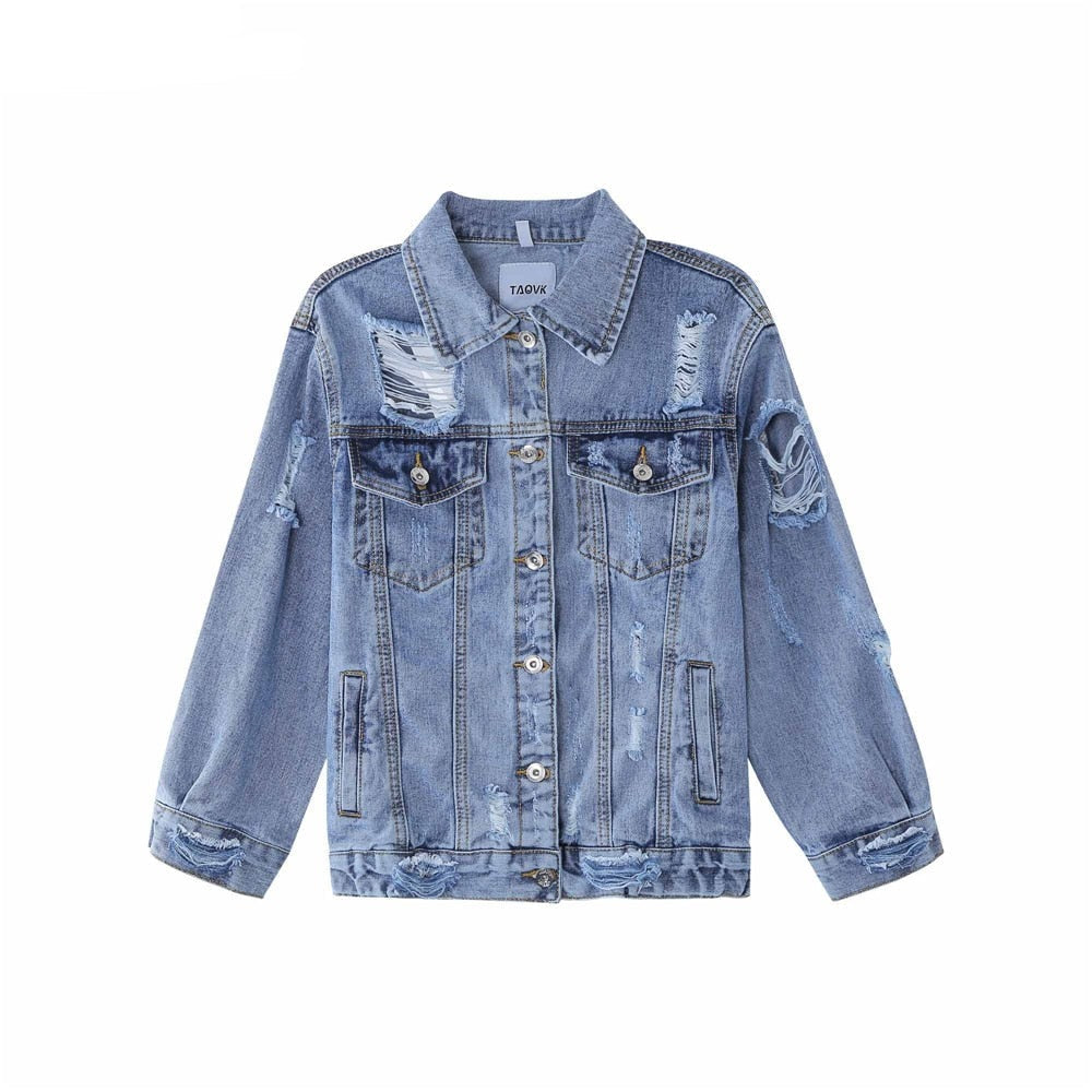 swvws Women's  Casual Short Jean Jacket Sexy Denim Jackets Solid Casual Blue Cowboy Jackets Hole Loose Jean Coats