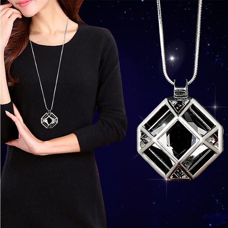 swvws Long Black Crystal Necklaces & Pendants Fashion Gold Silver Color Chain Rhinestone Geometric  Necklace Jewelry For Women