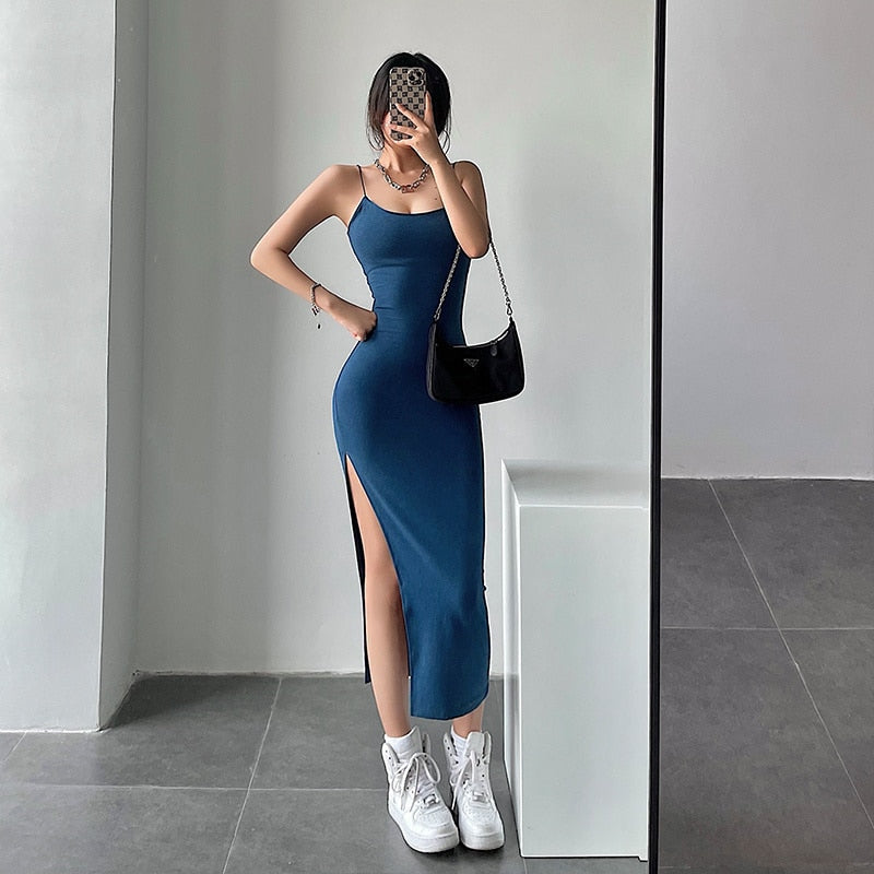 swvws Sexy Slim Shoulder Strap High Split Long Skinny Hip Strap Tank Maxi Long Dresses Party Dress Sexy Korean Women PKIJ