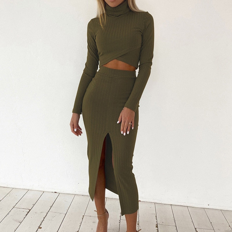 swvws Skinny Turtlenecks Midi Skirts Set For Women  Autumn Crop Tops Side Split Hip Package Skirt Sets Ladies Sexy Club Party Suit