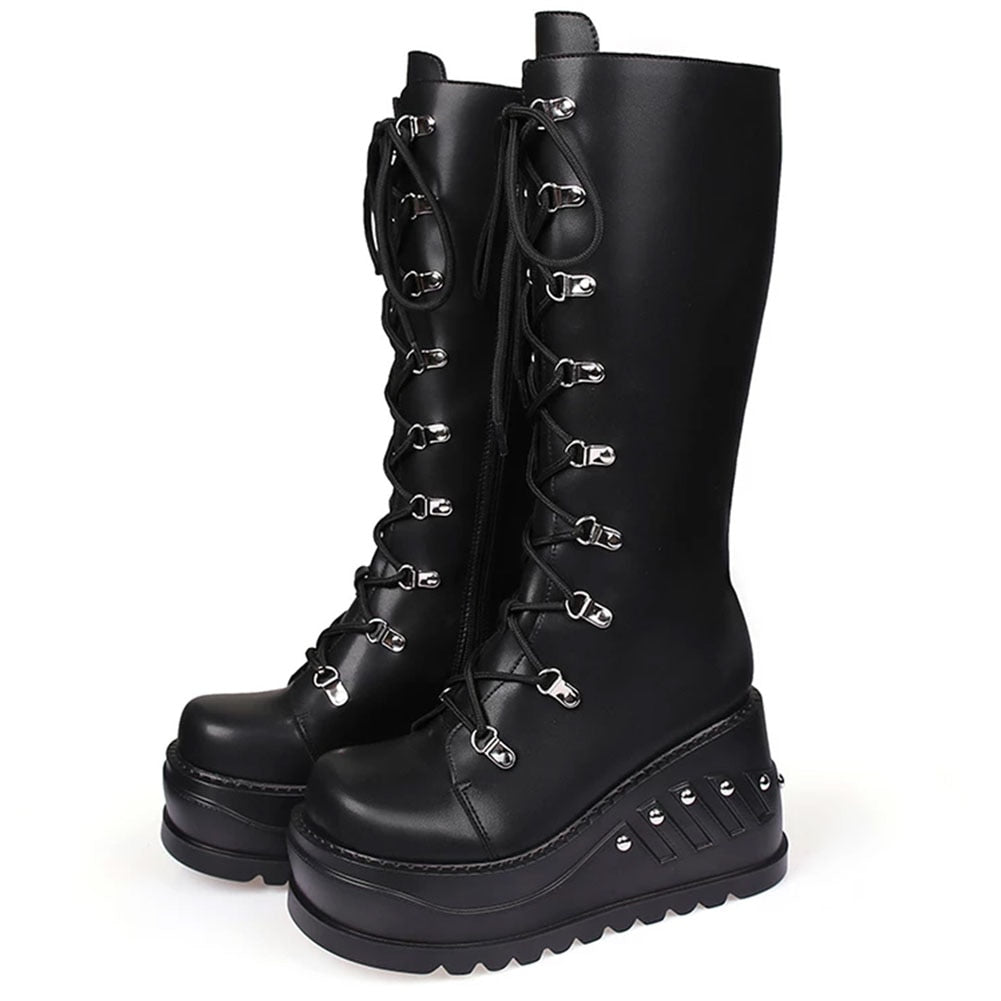 swvws  Band Goth Platform Wedges Punk Chunky Mid Calf Boots Women Thick Heel Autumn Trendy Cosplay Casual Shoes Women