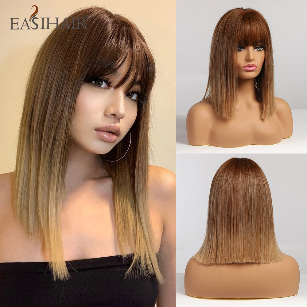 swvws  Short Straight Bob Wigs With Bang Golden Brown Natural Synthetic Hair For Women Daily Cosplay Heat Resistant Fiber Wigs