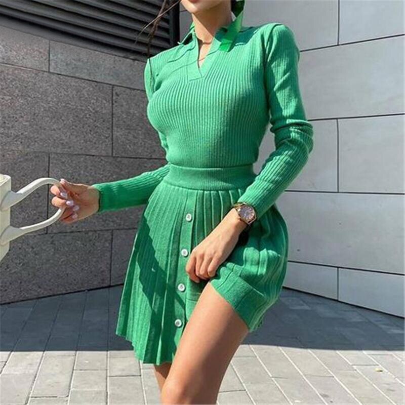 swvws Knit Women's Pleated Skirt Slim Pullovers Set  Autumn Buttons Long Sleeve Knitwear Mini Skirt Sets Ladies Party Tops Suits