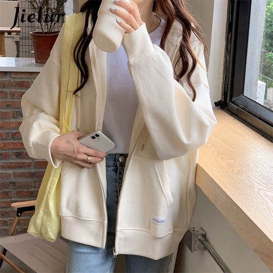 swvws Autumn Chic Zip-Up Hoodies Female Casual Street Loose Thin Blue Gray Apricot Sweatshirt Pocket Hooded Women Cardigans