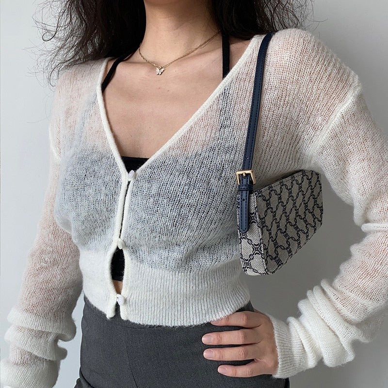 swvws Sexy See Through Cropped Cardigan Women Thin Hollow Out Knitted Cardigans Long Sleeve V-Neck Sweater Crop Tops Korean