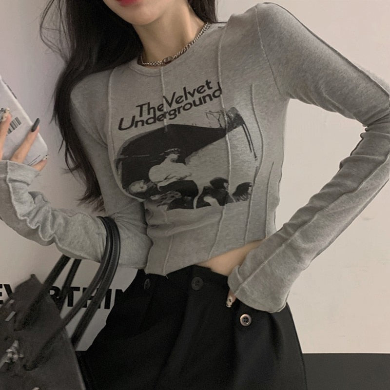 swvws Casual Slim T-Shirt For Women O Neck Long Sleeve Sexy Crop Top Grunge Letters Print Female Korean Fashion Clothing