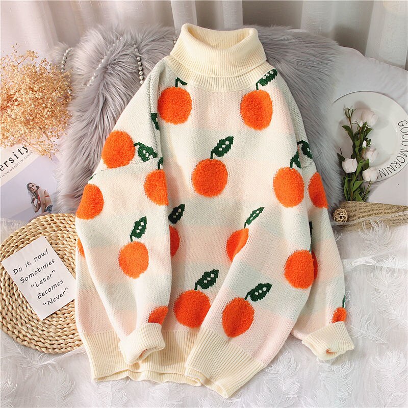 swvws Sweaters Women Printted Pullovers Apple Pattern Long Sleeve Oversize Jumper Turtleneck Knitted Tops Winter Casual Loose Sweater