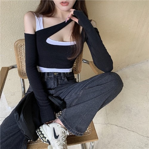 swvws Sexy Patchwork Long Sleeve T-Shirts Women Slim Fit Fashion Crop Tops Hot Girls Irregular Skinny Elegant Casual Off-Shoulder Tees