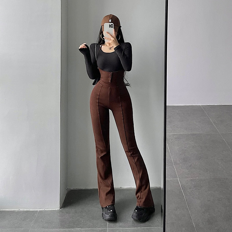 swvws Sexy Fashion Bandage Halter Neck High Waist Slim Skinny Overalls Casual Flare Pants Women's Fashion Trousers Korean Women G9J9