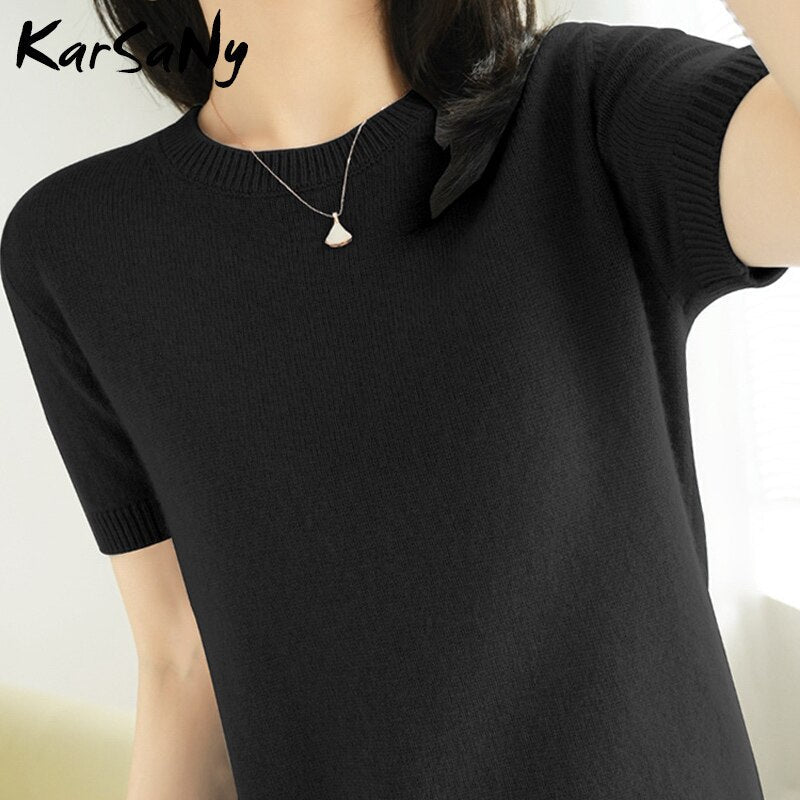 Back To School Women Knitted T Shirt  Summer O Neck Short Sleeve T-Shirts For Women Tee Shirt Knitted Black Women's T-Shirt Vintage