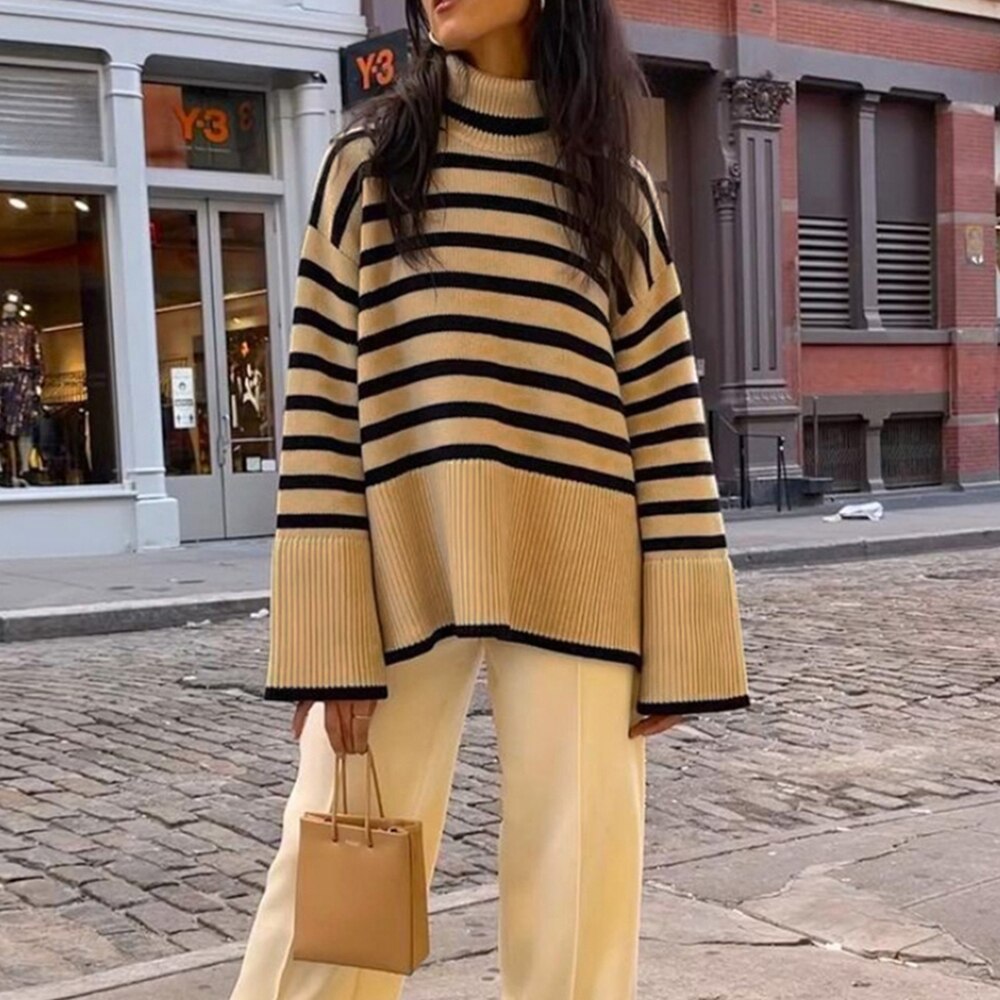 swvws New Ladies  Autumn Winter Turtleneck Sweater Women Pullover Tops Clothes Black White Striped Loose Casual Sweater Jumpers Female