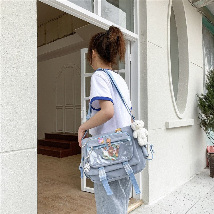 swvws  Korean Student Preppy Style Messenger Bag Large-capacity Shoulder Bag Women Nylon Bag Transparent Pocket Crossbody Bag Satchels