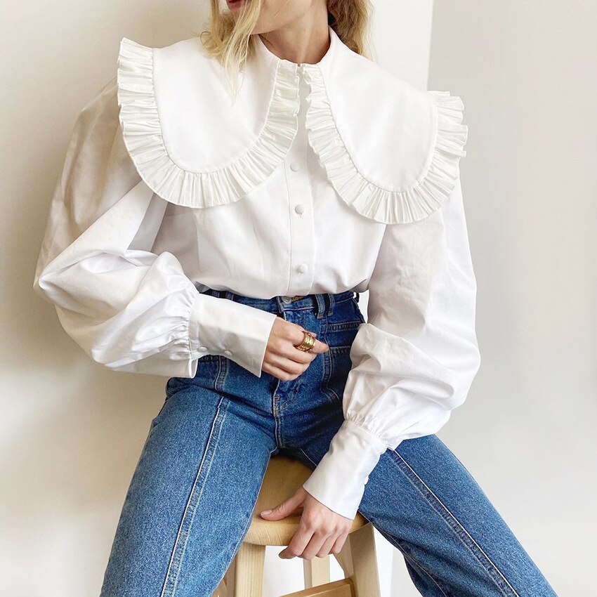 swvws Blouses Women Peter Pan Collar Ruffle Shirts Long Sleeve White Cotton Casual Simple Tops Female Spring Summer Frill Shirt