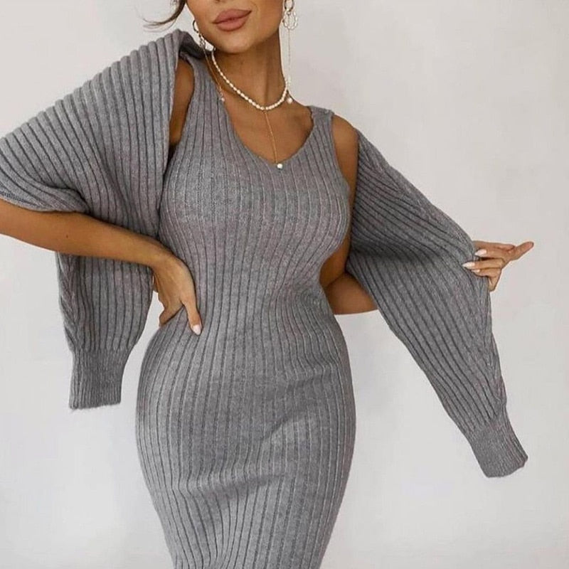 swvws Two-Piece Dress Sets Winter Women Knitted Dress Set Fleece Tracksuits Autumn Sweater And Tank Dress Elegant Outfit