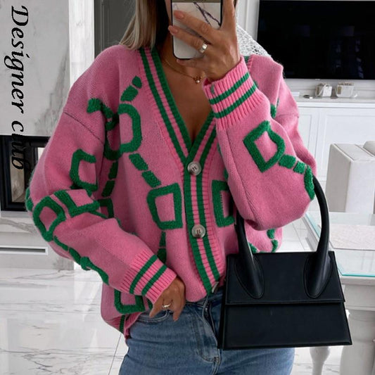 swvws Back To School Women Cardigan Green Striped Pink Knit Button Lady Cardigans Sweaters V-Neck Loose Casual Winter Fashion Knitted Coat