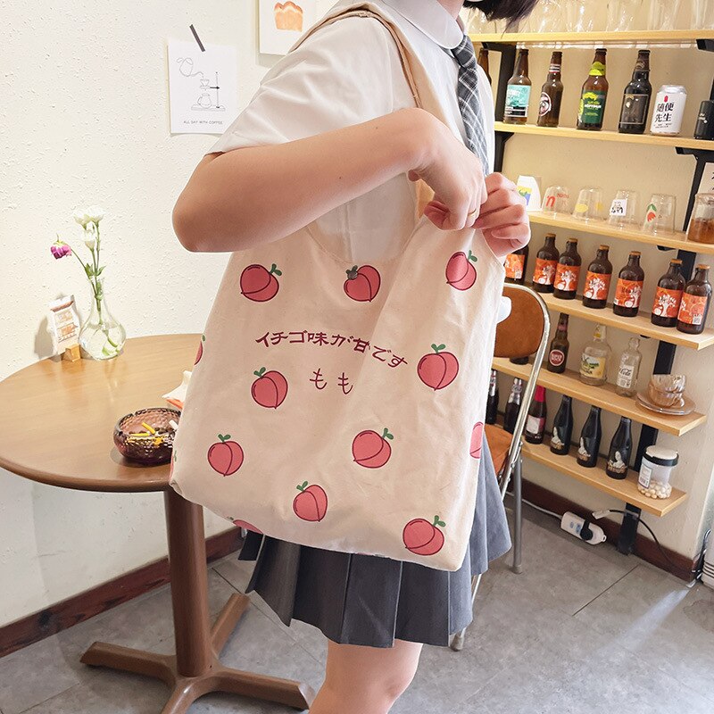 swvws  Japanese Peach Print Tote Bag Large-capacity Shoulder Bag For Women Shopper Bag Canvas Bag Handbag Student Bags Bolsa Feminina