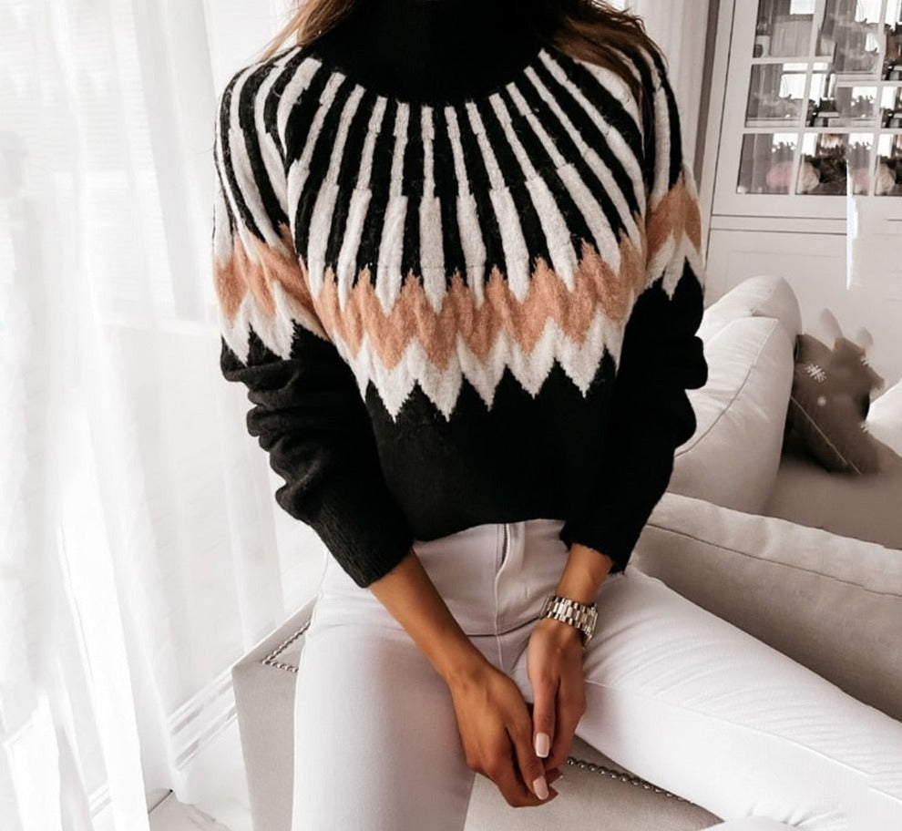 swvws Women's Autumn Winter Casual Sweater High-Neck Knitting Long Sleeve Contrast Color Loose Tops Pullover Soft Warm Jumper