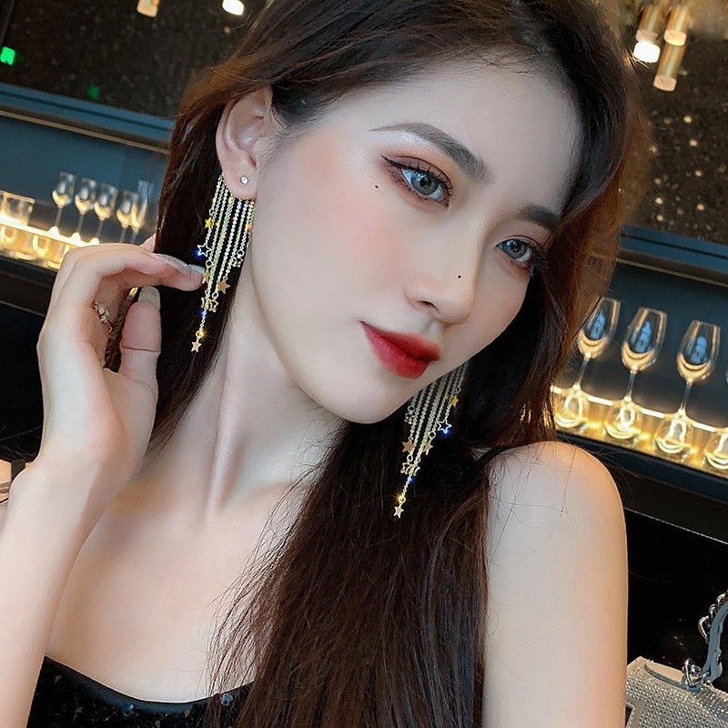 swvws Fashion Stars Tassel Dangle Earrings for Women  New Korean Gold Color Metal Punk Long Chains Crystal Earings Femme Jewelry