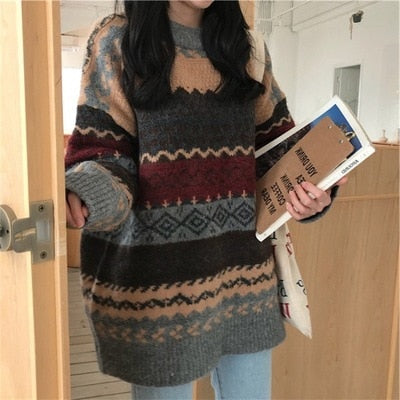 swvws Women Vintage Sweater Knitted Jumper College Loose Winter Striped Jumper Pullovers Korean Knitwear Autumn Casual Tops Femme