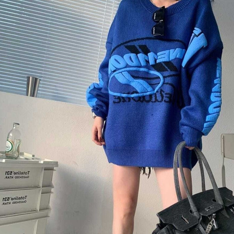 swvws  New Arrival Autumn Winter Korean Style Women Casual Loose Long Sleeve O-Neck Pullover Letter Print Cotton Sweaters P159